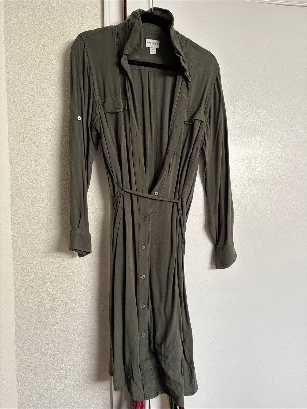 Ava & Viv Olive Green Button-Front Shirt Dress with Waist Tie
